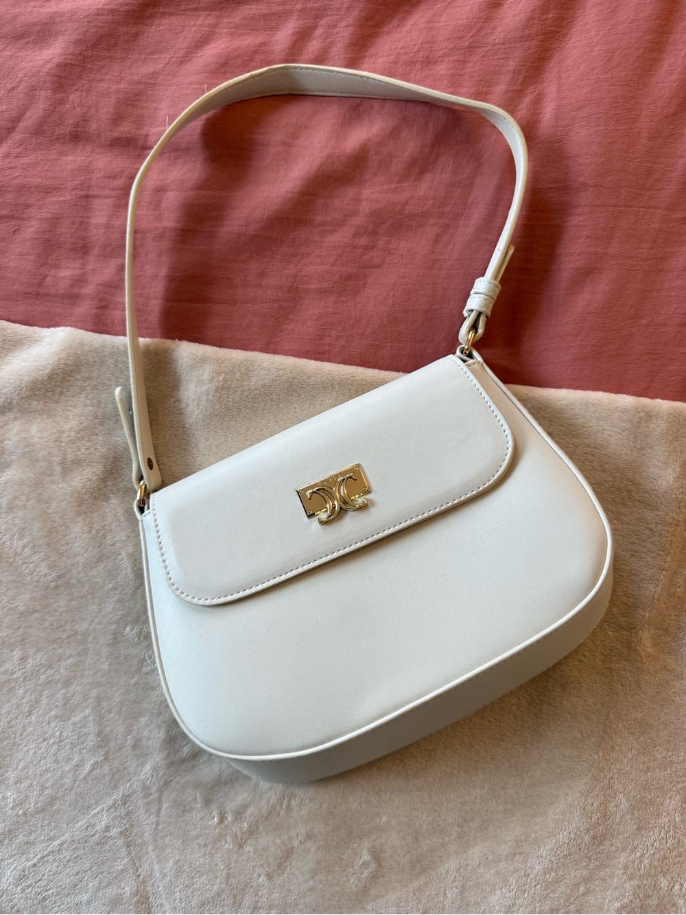 White Leather Shoulder Bag with Gold Accent